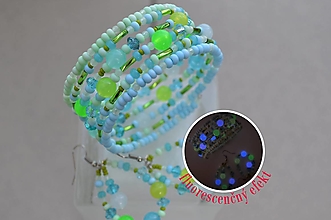 Sady šperkov - Náramok fluorescenčný modro zelený s náušničkami - 12593722_