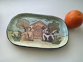 Nádoby - keramika tácka psík s mačičkou ... - 12597270_