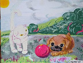 Obrazy - Mačiatko, šteniatko a lopta -- olej, olejový pastel a olejová pastelka - 12604673_