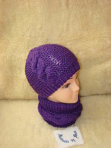 Čiapky, čelenky, klobúky - Ručne pletená fialová čiapka s nákrčníkom - 12601914_