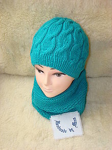 Čiapky, čelenky, klobúky - Ručne pletená čiapka s nákrčníkom v zelenotyrkysovej farbe - 12601981_