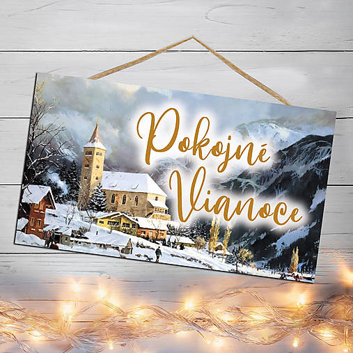 Vianočná tabuľka Pokojné Vianoce (Zimná dedinka s kostolom)