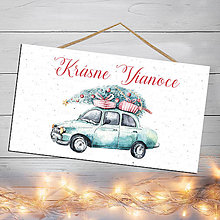 Tabuľky - Vianočná tabuľka - vianočné autíčko Krásne Vianoce (Tyrkysové autíčko so stromčekom) - 12602028_