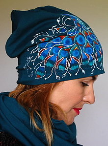 Čiapky, čelenky, klobúky - Maľovaná čiapka Páv smaragdová - 12617612_