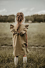 Detské oblečenie - Holubica - ľanové šaty s veľkým volánom a mašľou (olivová) - 12620576_