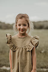 Detské oblečenie - Holubica - ľanové šaty s veľkým volánom a mašľou (tehlová) - 12620577_