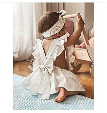 Detské oblečenie - Ľanové šaty s volánmi a mašľou (ivory) - 12620386_