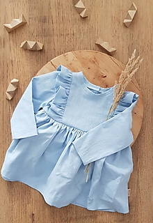 Detské oblečenie - Lastovička - detské ľanové šaty s riasením a dlhými rukávmi (nezábudková) - 12620659_