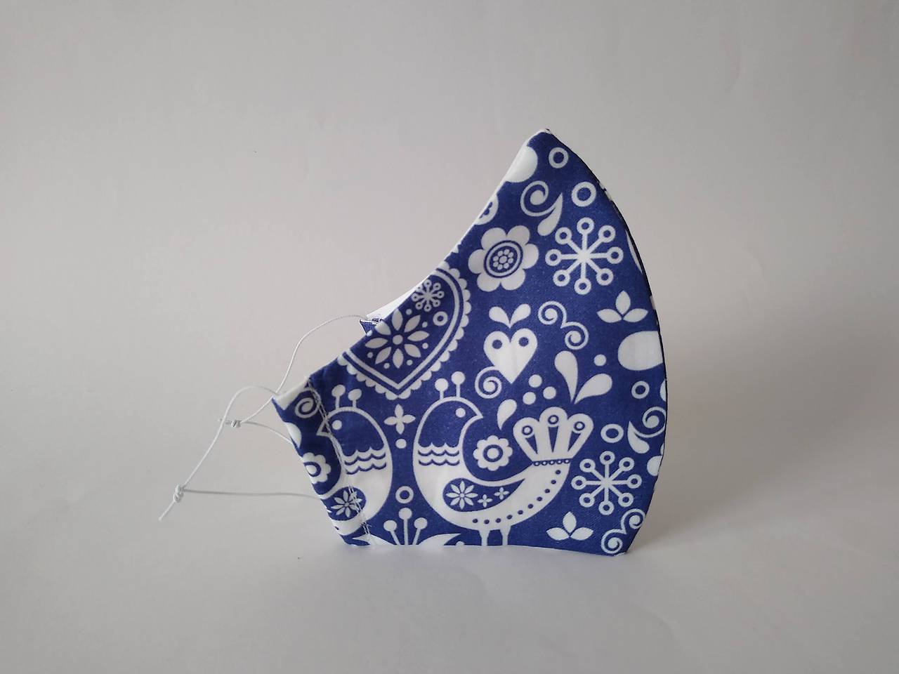 Dizajnové rúško vtáčik modré prémiové tvarované dvojvrstvové