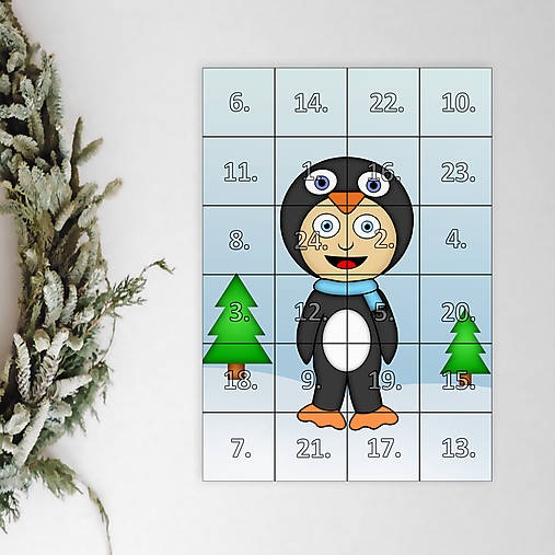 Netradičný adventný kalendár skladačka (detské kostýmy) (tučniak (zimná krajinka))