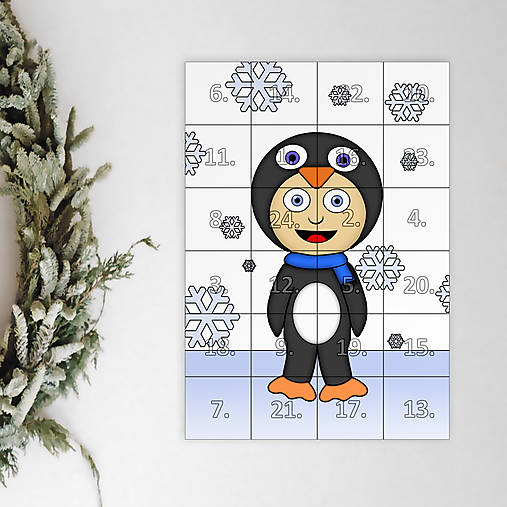 Netradičný adventný kalendár skladačka (detské kostýmy) (tučniak (sneh))