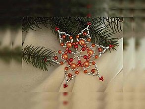 Dekorácie - Vianočná hviezda Trio - stredná (oranžová-červená-strieborná - plastové korálky) - 12650134_