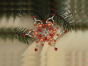 Dekorácie - Vianočná hviezda Trio - jednoduchá (oranžová-červená - plastové korálky) - 12650255_