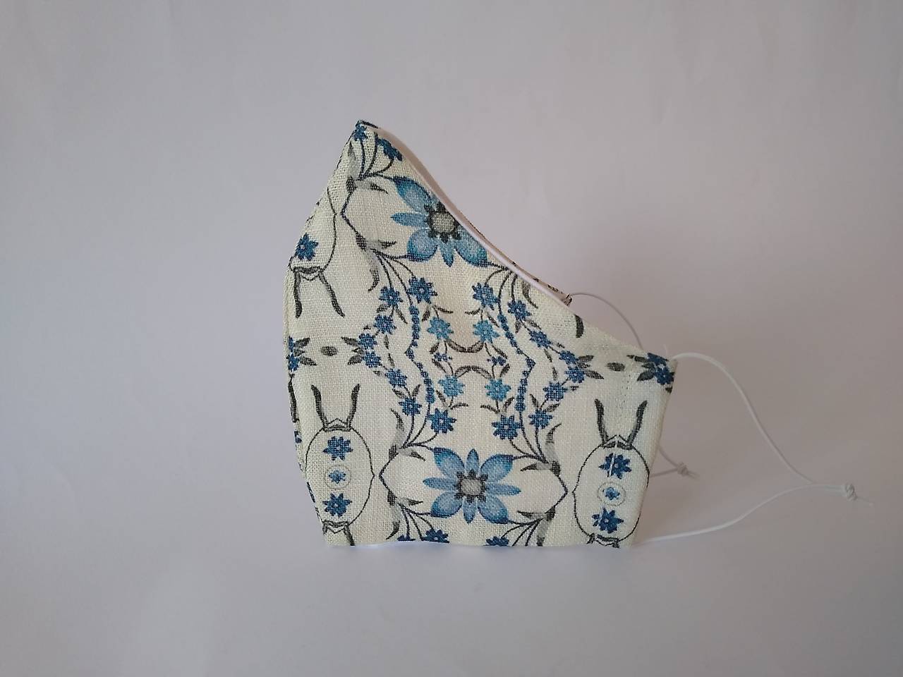 Dizajnové ľanové rúško modré kvietky