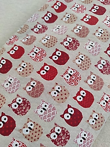 Textil - VLNIENKA výroba na mieru 100 % bavlna potlačená detské vzory Sovička  červená na béžovom podklade - 12661513_