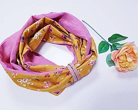 Šály a nákrčníky - Dámsky ľanovo bavlnený dvojfarebný nákrčník - pink and flowers - 12670566_