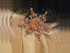 Dekorácie - Vianočné hviezdy 6 cípové (oranžová-strieborná - plastové a kovové korálky) - 12674890_