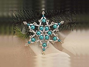 Dekorácie - Vianočné hviezdy 6 cípové (tyrkysová-biela - plastové a kovové korálky) - 12674916_