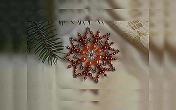 Dekorácie - Vianočné hviezdy dvojradové (oranžová-strieborná - plastové a kovové korálky) - 12675293_
