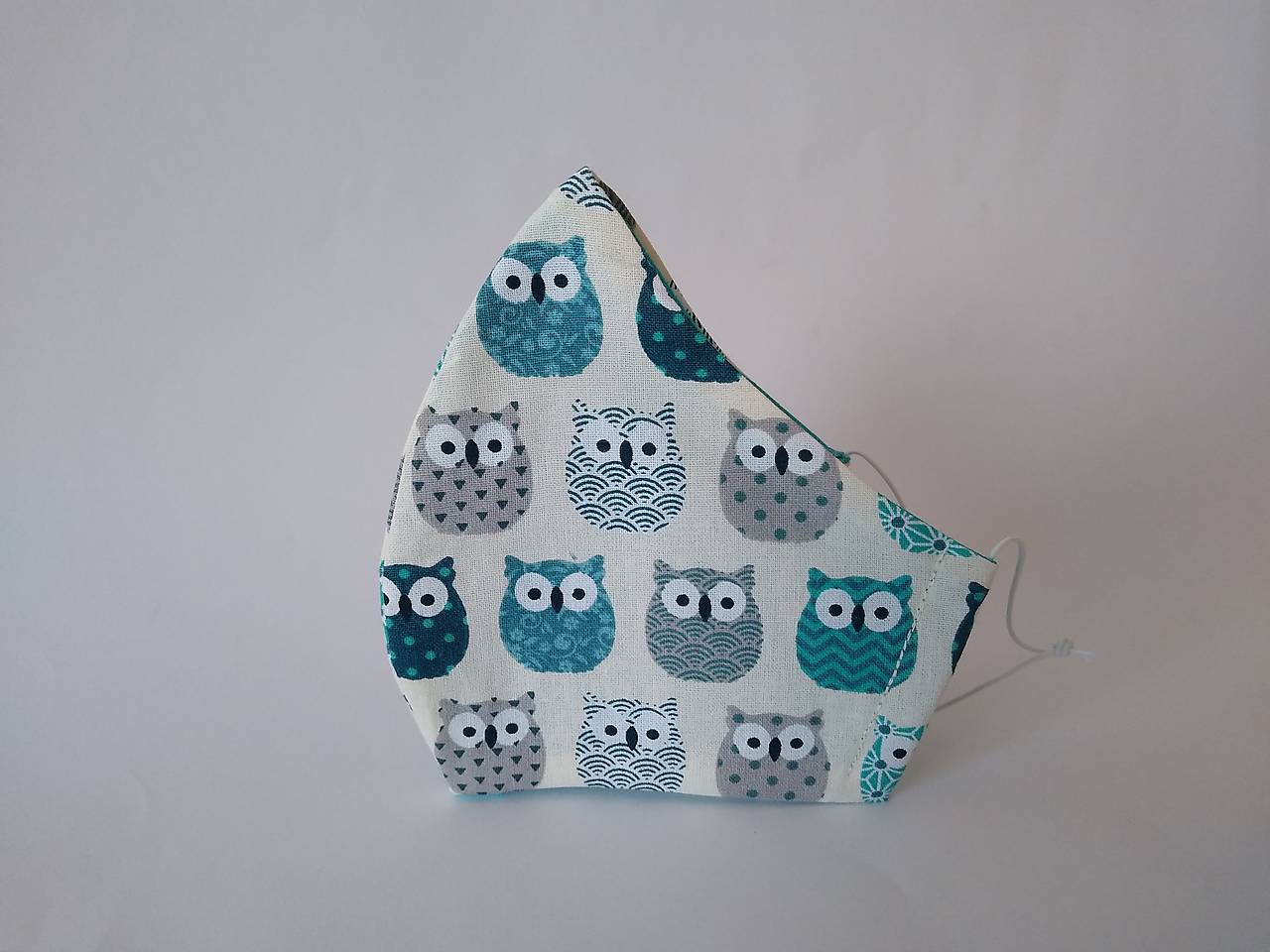 Dizajnové rúško sovy tyrkysové tvarované dvojvrstvové