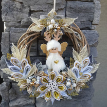 Dekorácie - Vianočný veniec zlato strieborný, korčule, anjelik, s nápisom Veselé Vianoce  (Anjelik zlaté srdiečko) - 12728523_