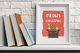 Grafika - Plagát| Vianočná čierna mačka s čiapočkou - 12734020_