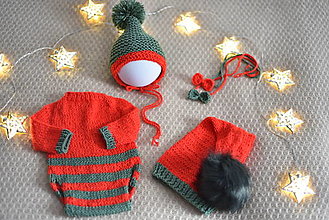 Detské oblečenie - Newborn vianočné body s dlhými rukávmi, čiapočky, čelenky (Set - body, 2 čiapočky, 2 čelenky) - 12738514_