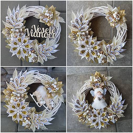 Dekorácie - Vianočný veniec zlato biely, korčule, anjelik, s nápisom Veselé Vianoce  - 12759103_