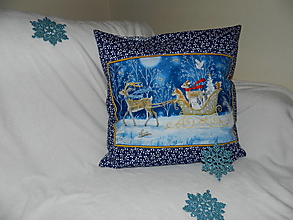 Úžitkový textil - Vianočný vankúš modrý väčší - sánky so srnkou - 12763919_