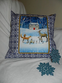 Úžitkový textil - Vianočný vankúš modrý - dom a zvieratká - 12764002_