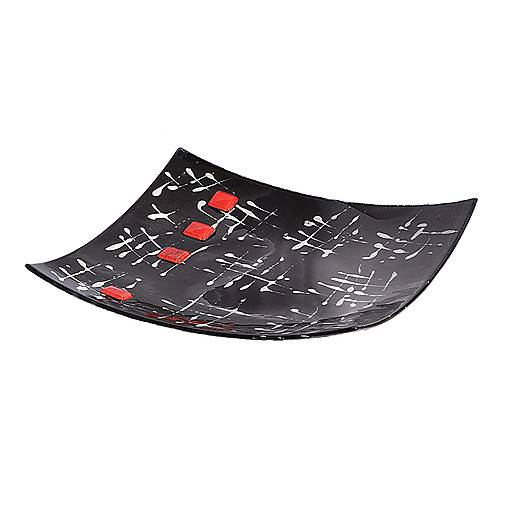 Nádoby - Ósaka, autorská čierna misa s bielymi a červenými ozdobami, české sklo, ručne vyrobená, originálny dizajn, 30 cm - 12781055_
