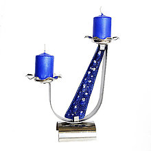 Svietidlá a sviečky - Svietnik, originálny dizajn, limitovaná edícia, tvar písmena "U", nerezová oceľ, modré české sklo - 12782943_