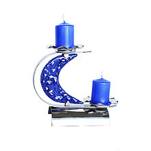 Svietidlá a sviečky - Svietnik, originálny dizajn, limitovaná edícia, tvar písmena "C", nerezová oceľ, modré české sklo - 12783344_