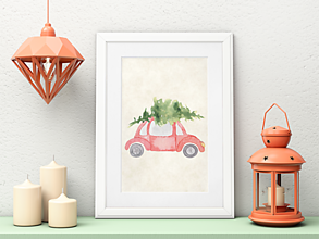Grafika - Art Print, Auto s vianočným stromčekom - 12785054_