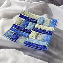 Nádoby - Modrobiela misa české črepové sklo 20 x 20 cm obdĺžnikový vzor - 12787231_