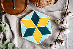 Príbory, varešky, pomôcky - Podložka pod hrniec - Hexagon (Mint - tyrkys - žltá) - 12790675_
