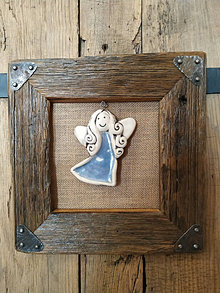 Obrazy - Obraz s rámom zo starého dreva - keramický anjel  (Anjel modrý) - 12790364_