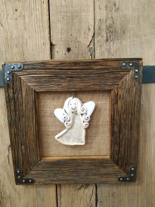 Obrazy - Obraz s rámom zo starého dreva - keramický anjel  (Anjel bielo žltý) - 12790373_