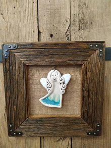 Obrazy - Obraz s rámom zo starého dreva - keramický anjel  (Anjel bielo modrý) - 12790386_