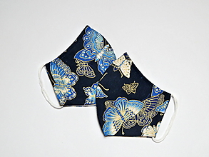 Rúška - Dizajnové antibakteriálne rúško s drôtikom - Zlaté motýle na tmavo modrom podklade - 12802628_