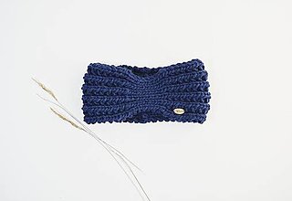 Čiapky, čelenky, klobúky - Ručne pletená vlnená čelenka II (Tmavo modrá 15) - 12821473_