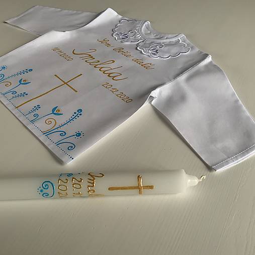 Krstná ručne maľovaná ľudovoladená (Košieľka + svieca v kombinácii svetlomodro zlatá)