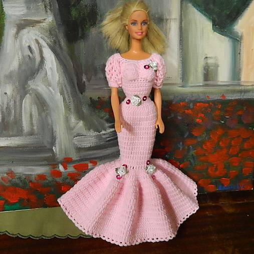  - Háčkované šatičky pre Barbie (ružové s flitrami) - 12836888_