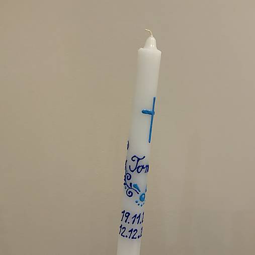 Krstná maľovaná ľudovoladená svieca (v modrých odtieňoch)