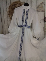 Šaty - "Floral folk" ľanové dlhé košeľové šaty  (biely ľan - modro biela bordúra) - 12844158_