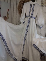 Šaty - "Floral folk" ľanové dlhé košeľové šaty  (biely ľan - modro biela bordúra) - 12844164_