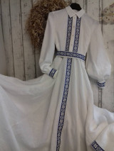 Šaty - "Floral folk" ľanové dlhé košeľové šaty  (biely ľan - modro biela bordúra) - 12844166_