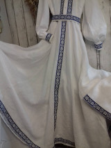 Šaty - "Floral folk" ľanové dlhé košeľové šaty  (biely ľan - modro biela bordúra) - 12844169_