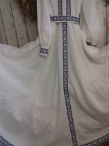 Šaty - "Floral folk" ľanové dlhé košeľové šaty  (biely ľan - modro biela bordúra) - 12844172_