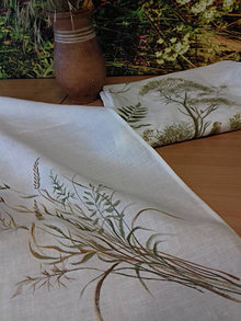 Úžitkový textil - Ľanová, ručne maľovaná utierka " Suché steblá tráv " (suché steblá a klásky) - 12844557_